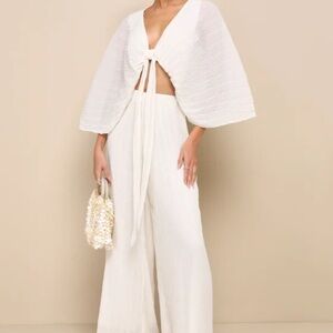 Lulus Pristine Presence Ivory Plisse Tie-Front Dolman Sleeve Crop Top